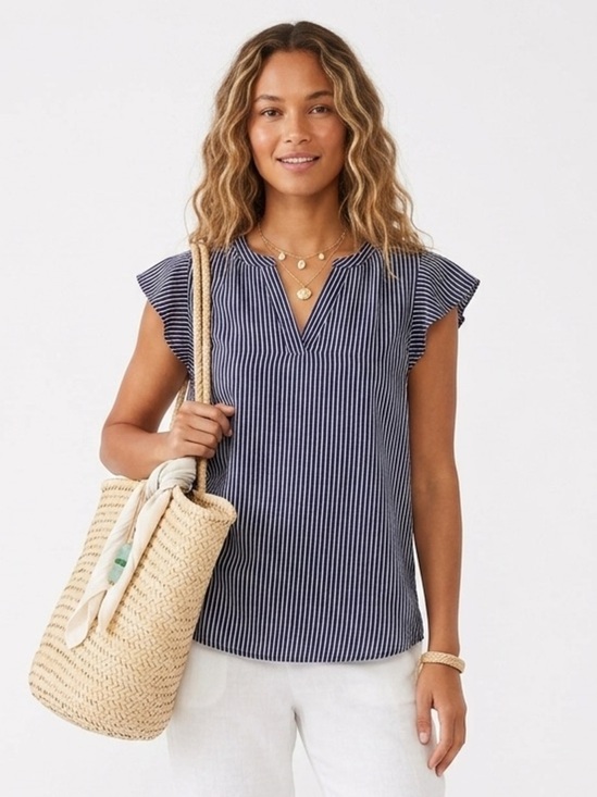 Adrianna Papell Tops - Adrianna Papell Navy White Striped Flutter Sleeve Split V-Neck Blouse Small